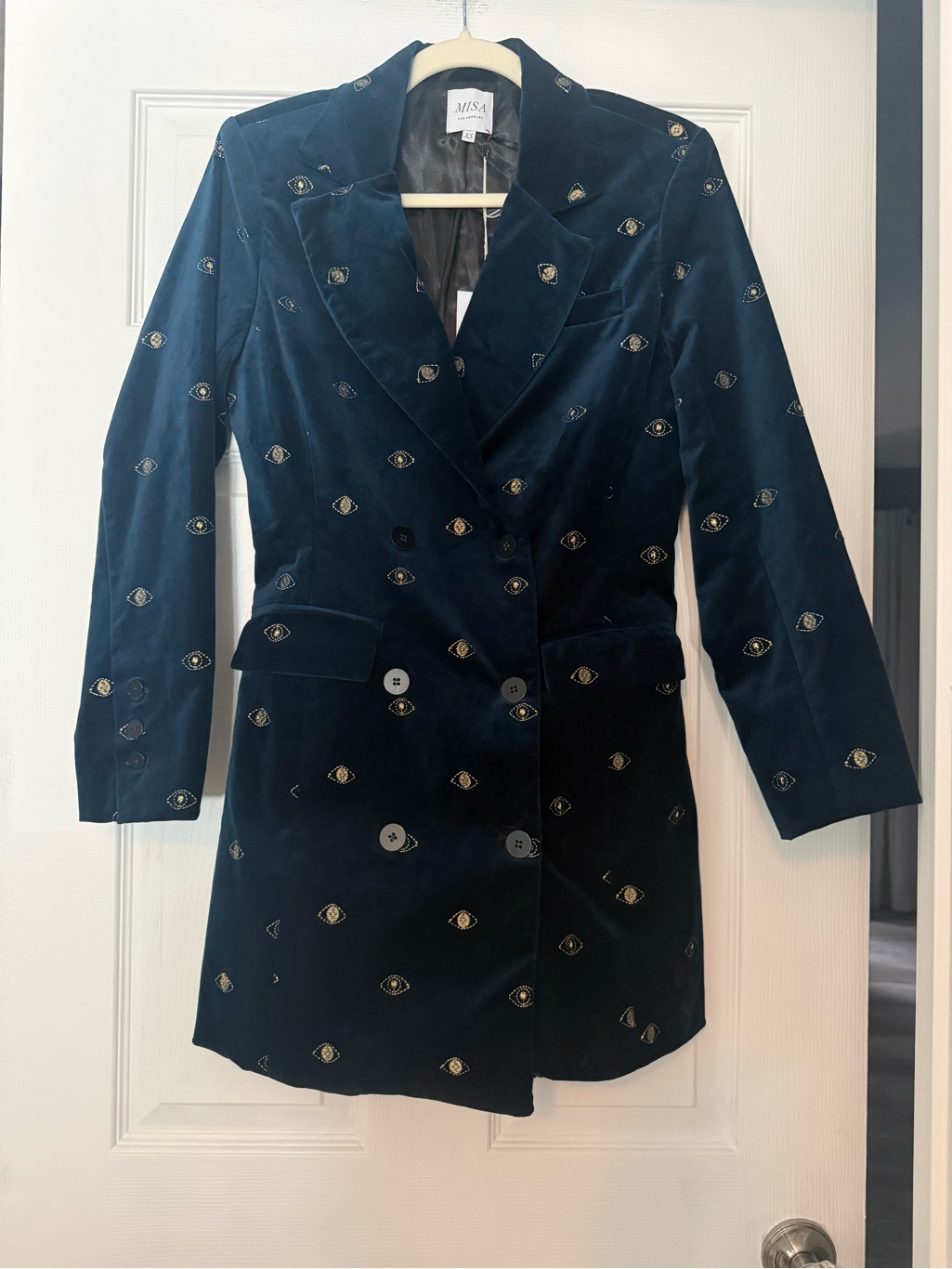 Misa Los Angeles Navy Velvet Embroidered Eye-Print Blazer Size Xs Brand New!